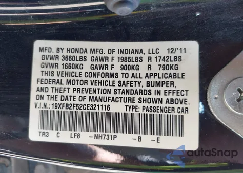 2012 Honda Civic Lx from USA, damaged, VIN 19XFB2F52CE321116